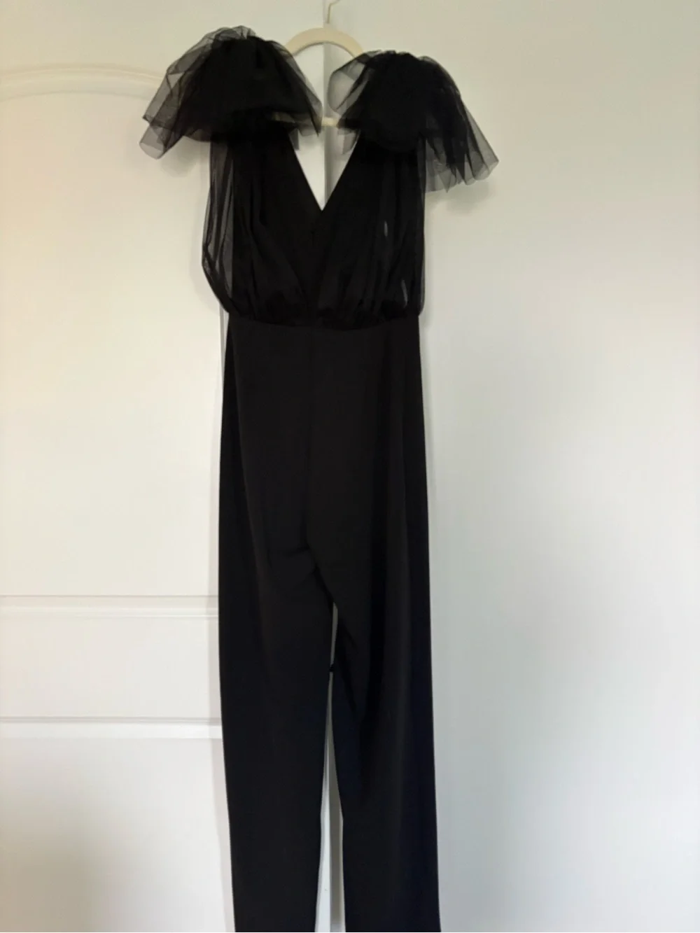 Lulu's Black Tulle-Trim V-Neck Wide-Leg Jumpsuit